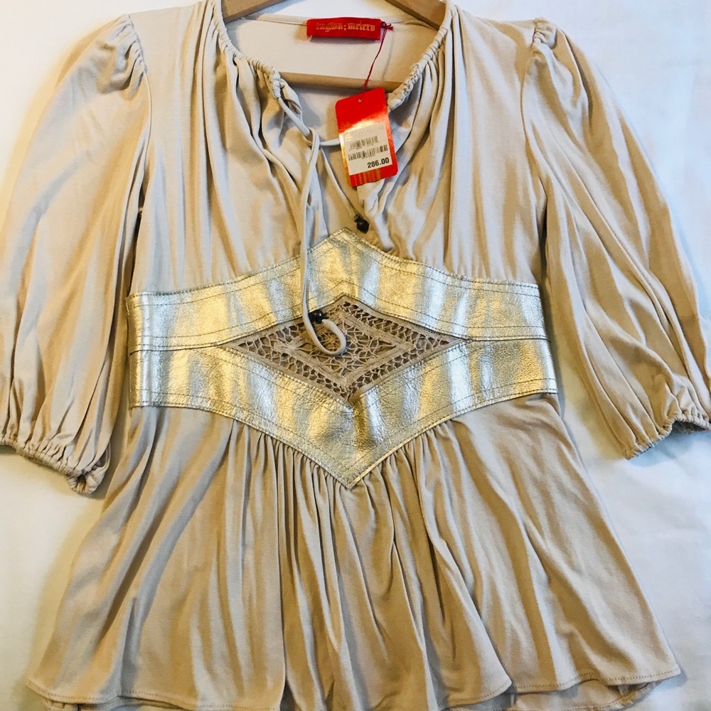 Elegant Beige Blouse with gold leather Accents
